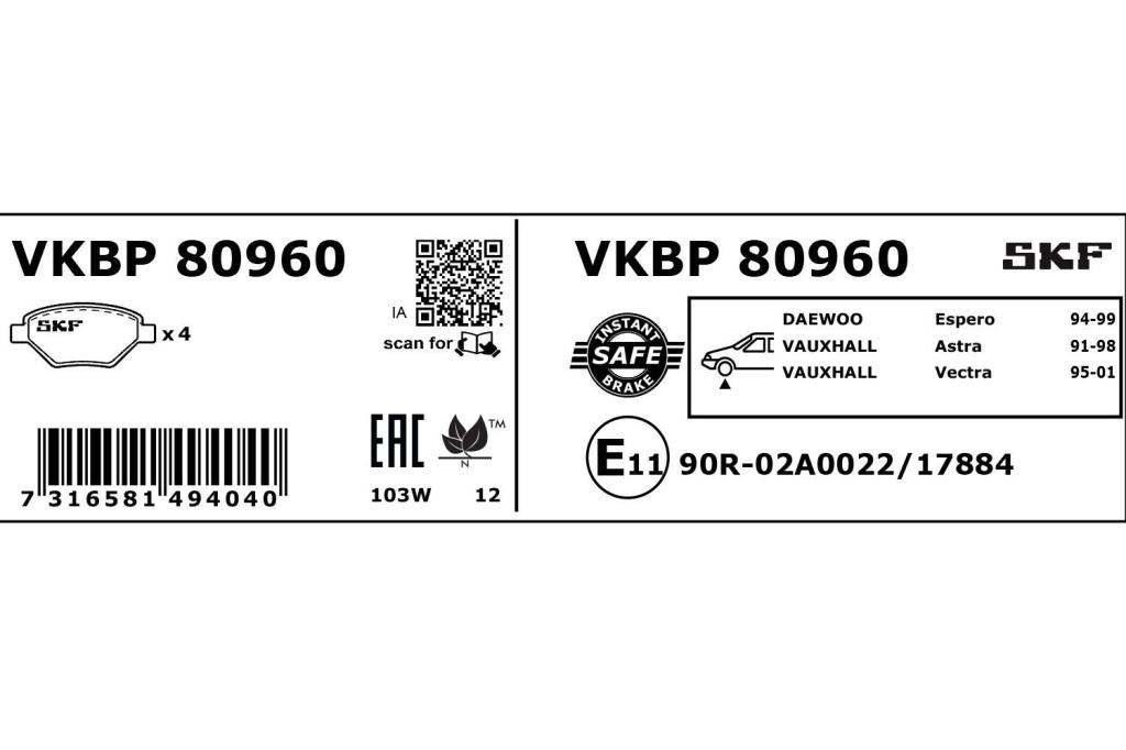 Jogo de 4 pastilhas de travão SKF ref. VKBP 80960